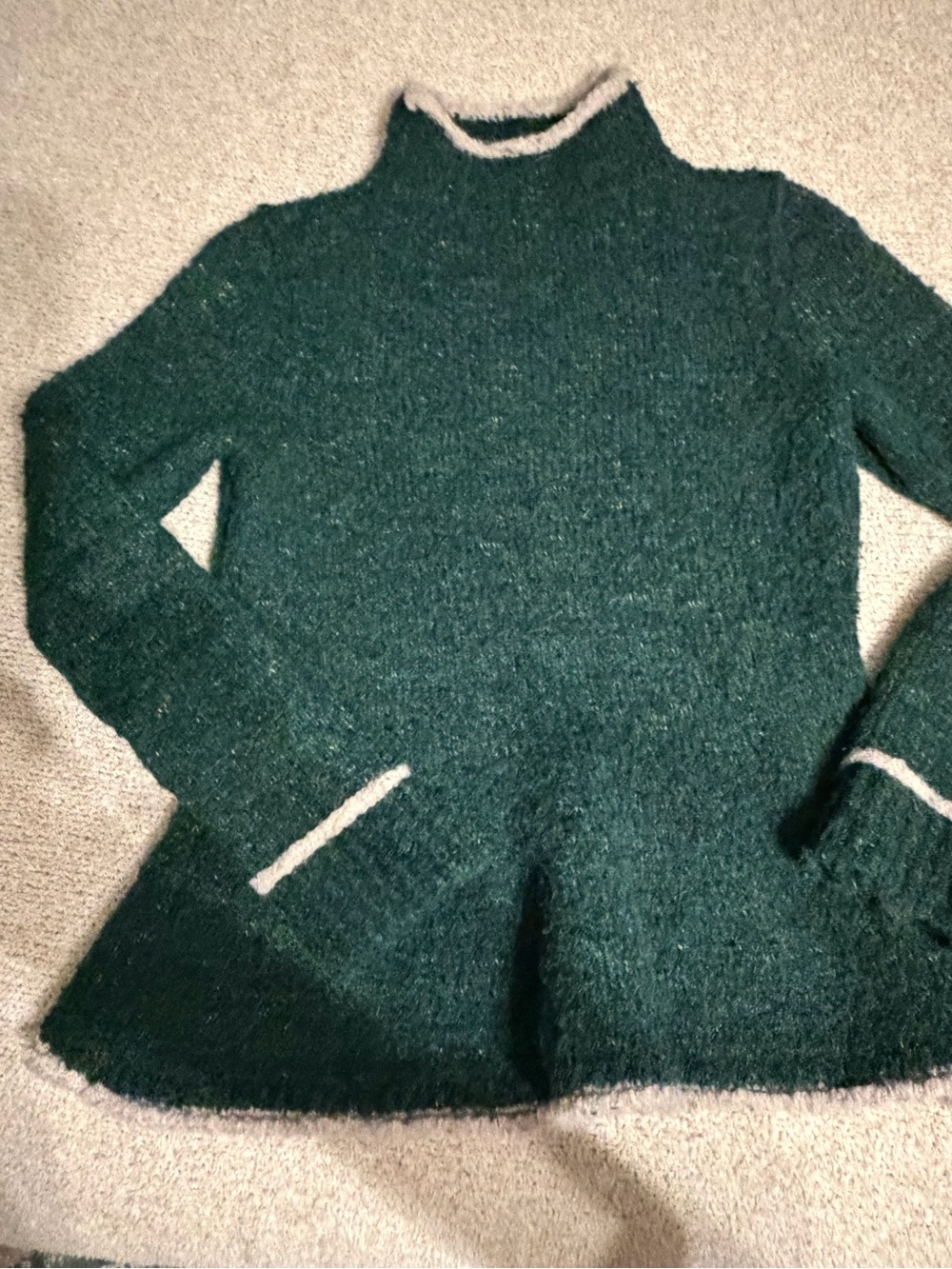 Anthropologie Dark Green Mock Neck Sweater with Cream Trim